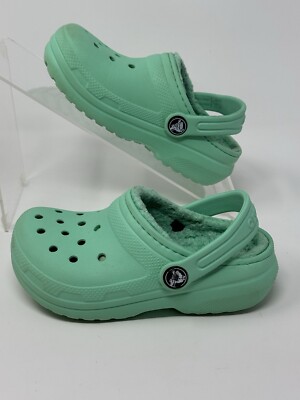 Crocs Classic Faux Fur Lined Clogs Mint Green Slip On Youth Kids