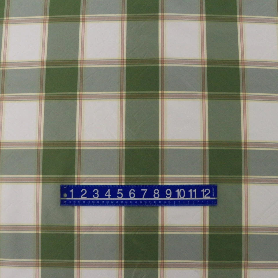 DESIGNER 100% SILK PLAID MEADOW GREEN CHECK WHITE YELLOW FABRIC BY THE YARD 55"W - Image 2 of 4