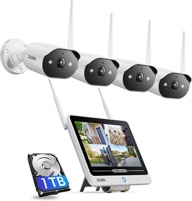 ZOSI 8CH 3MP Außen WIFI Überwachungskamera Set mit 12'' Monitor NVR 1TB HDD Funk