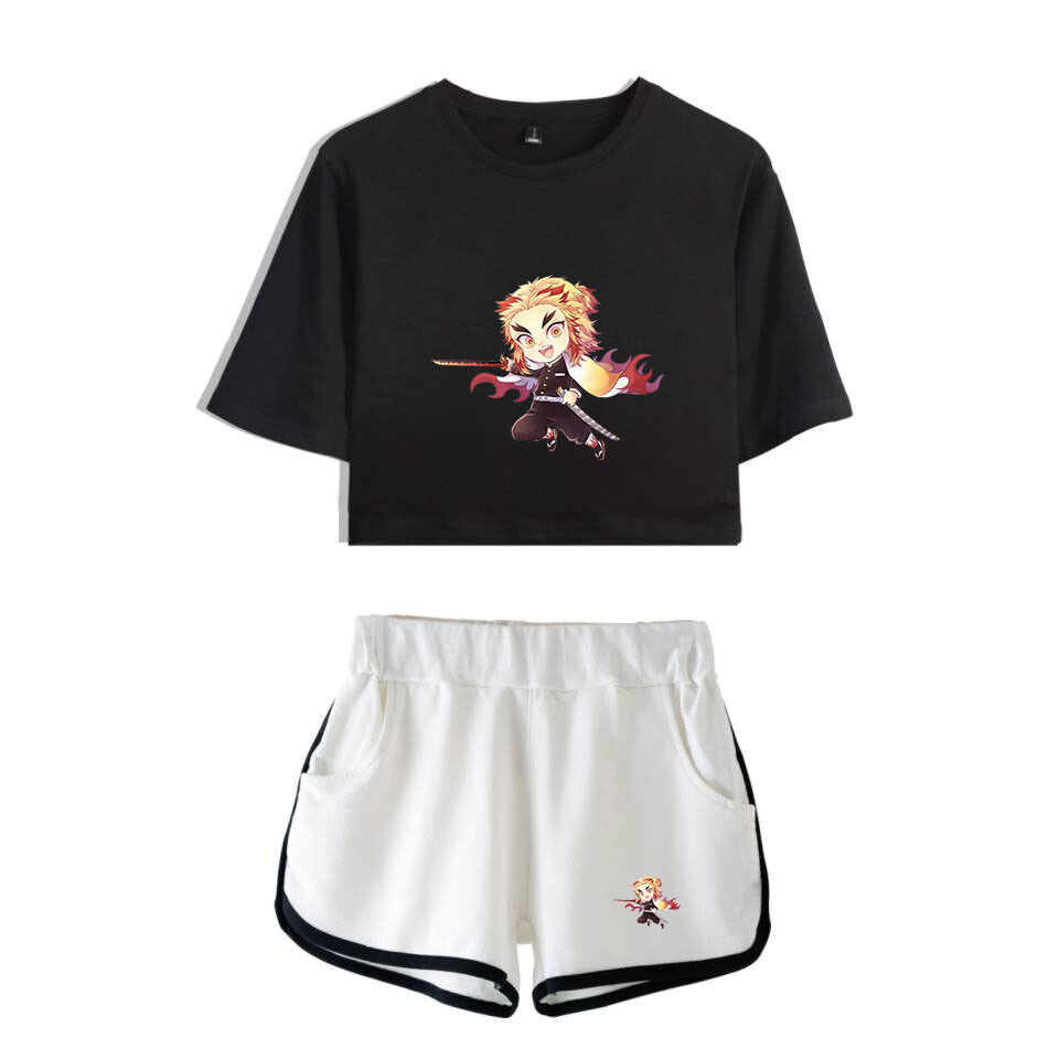 Demon Slayer Nezuko T-Shirt & Shorts Women Girls Casual Cropped Tee Shirt  Outfit