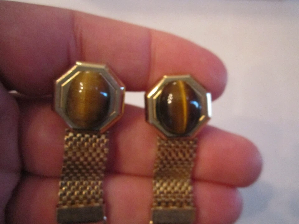 VINTAGE GENUINE TIGER EYE GEM STONE CUFF LINKS - TUB SC-6 Foto 2 de 3