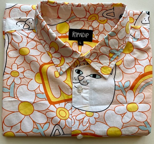 RIPNDIP SS button up shirt men size L bright pastel colors flowers & cat allover - Picture 2 of 16