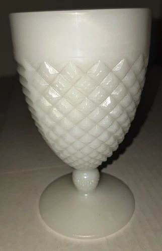 Vintage White Milk Glass Goblet/Wine/Water Glass, Diamond Cut, Ladder Pattern