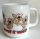 Vintage Glasbake "You Want It When?" CM Paula 1980 Milk Glass Coffee Mug
