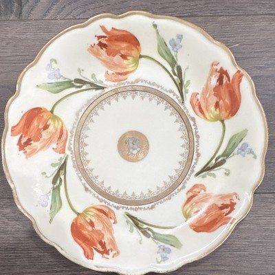 PM Bavaria Porcelain Floral Round Plate White Orange Tulip Gold Trim Glossy
