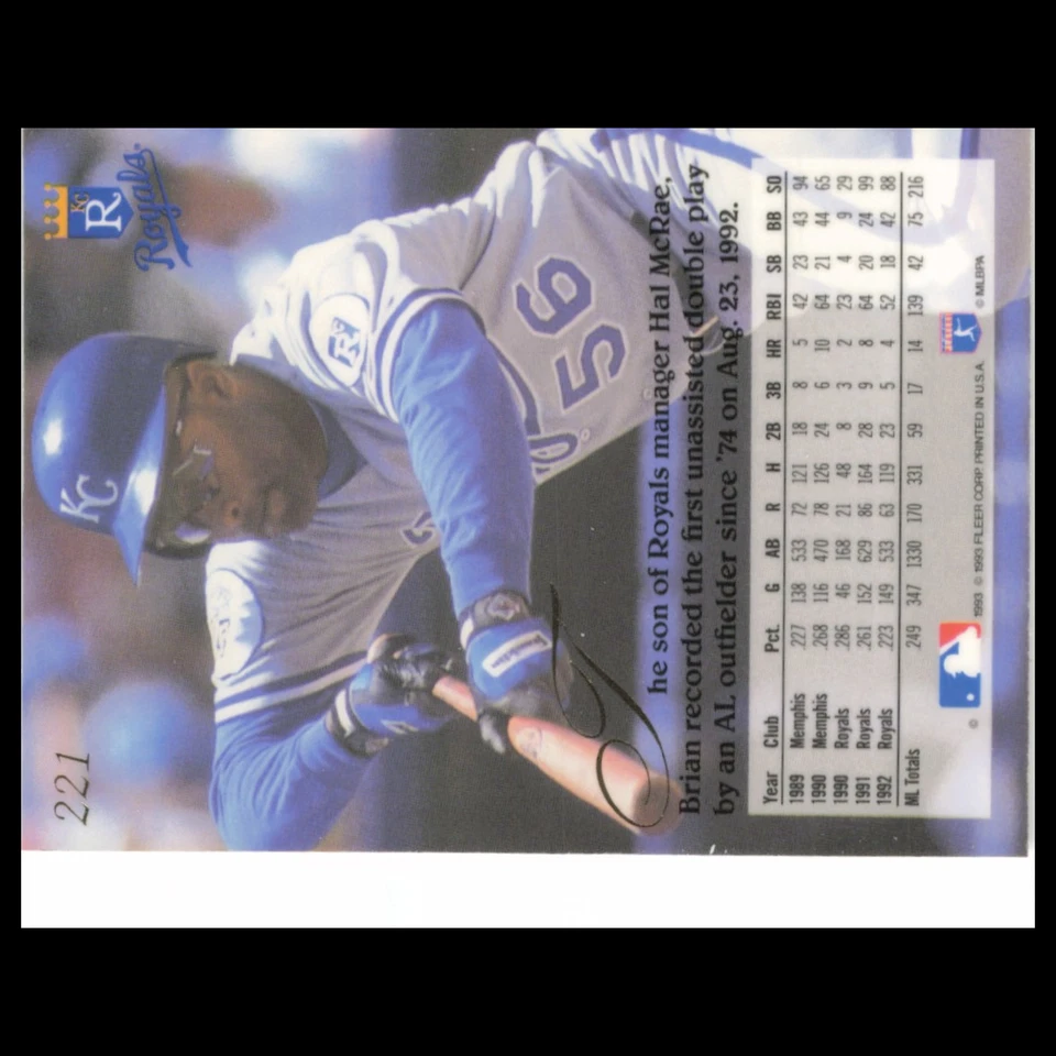 Brian McRae #221 1993 Flair Kansas City Royals Baseball Card MLB NM - Image 2 of 3