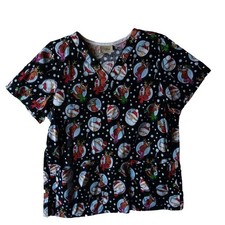 Tafford Scrub Top Christmas Black Women's Santa Claus Reindeers Snow Large