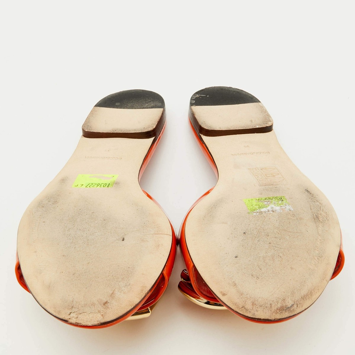 Dolce Gabbana Orange Patent Leather DG Logo Flat Slide Sandals