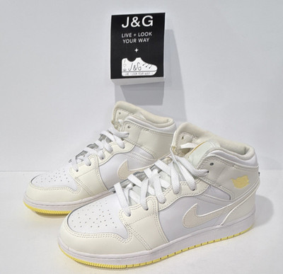 Nike Air Jordan 1 Mid White/Yellow Mid Top Lace-Up Unisex Kids Size 6Y Sneaker