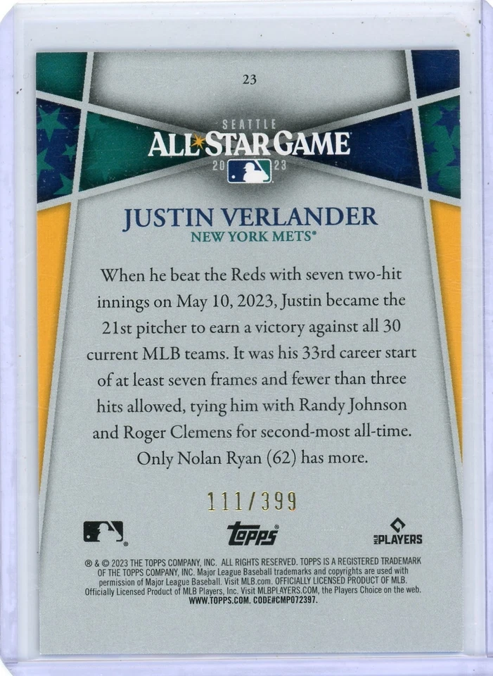 2023 Topps All Star Game Packs Justin Verlander New York Mets Base Card #23 - Image 2 of 2