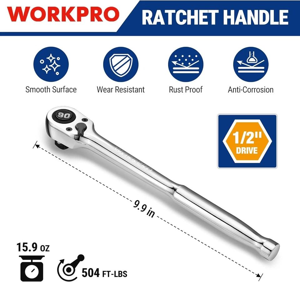 WORKPRO Low Profile 1/2-inch Drive Ratchet 90-Tooth Quick-release Ratchet Wrench - Image 2 of 4