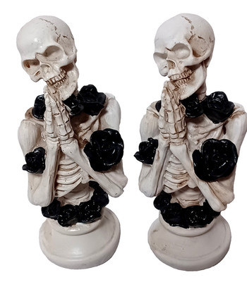 Lot of 2 Praying Skeletons with Black Roses 6''  Resin Halloween Decor Ashland