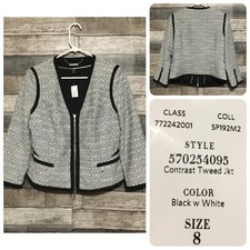 White House Black Market Contrast Tweed Jacket Zip Women  s 8 Black White