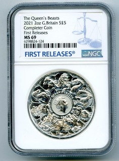 Moneda completa Gran Bretaña 2021 2 oz plata NGC MS69 BESTIAS DE REINA EX GRUESA