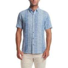 NEW Weatherproof Vintage Men's M Striped Linen Blend Short Sleeve Shirt Blue