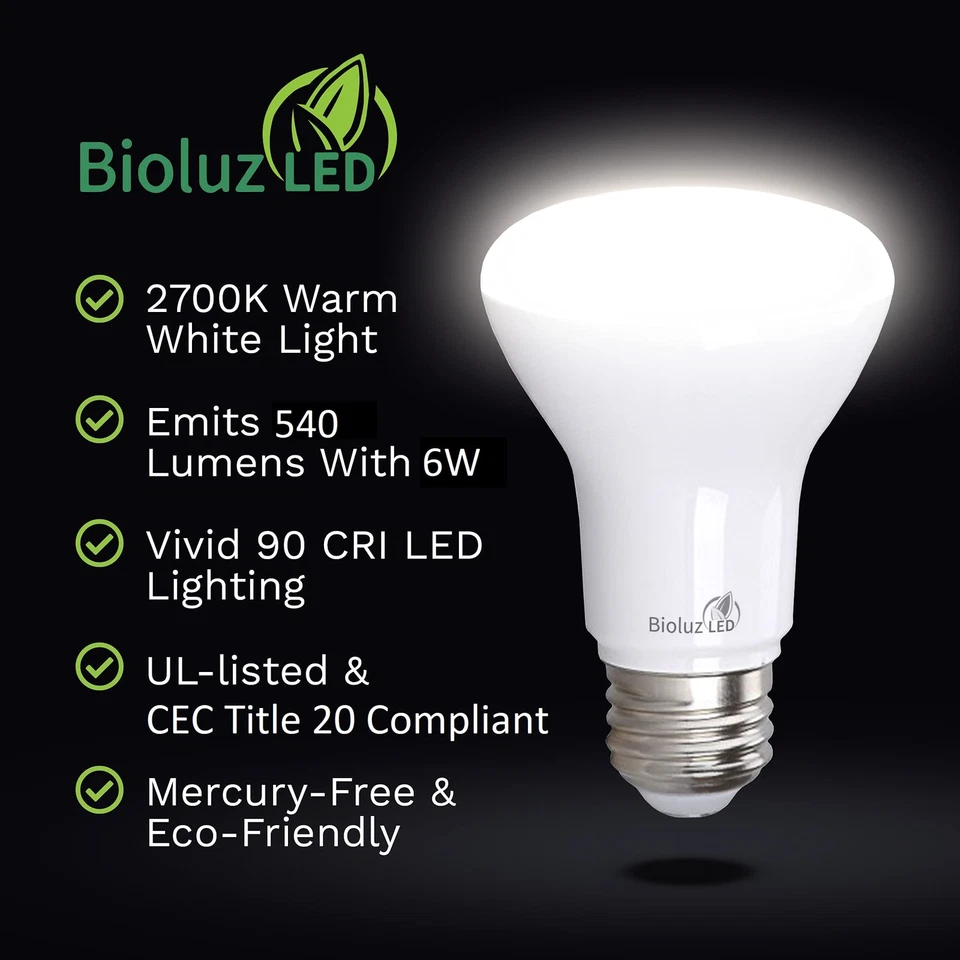 8 Pack BR20 LED Bulb 2700K Bright Warm White 6W=50W, 90 CRI, 540 Lumen, Dimma... - Image 3 of 4