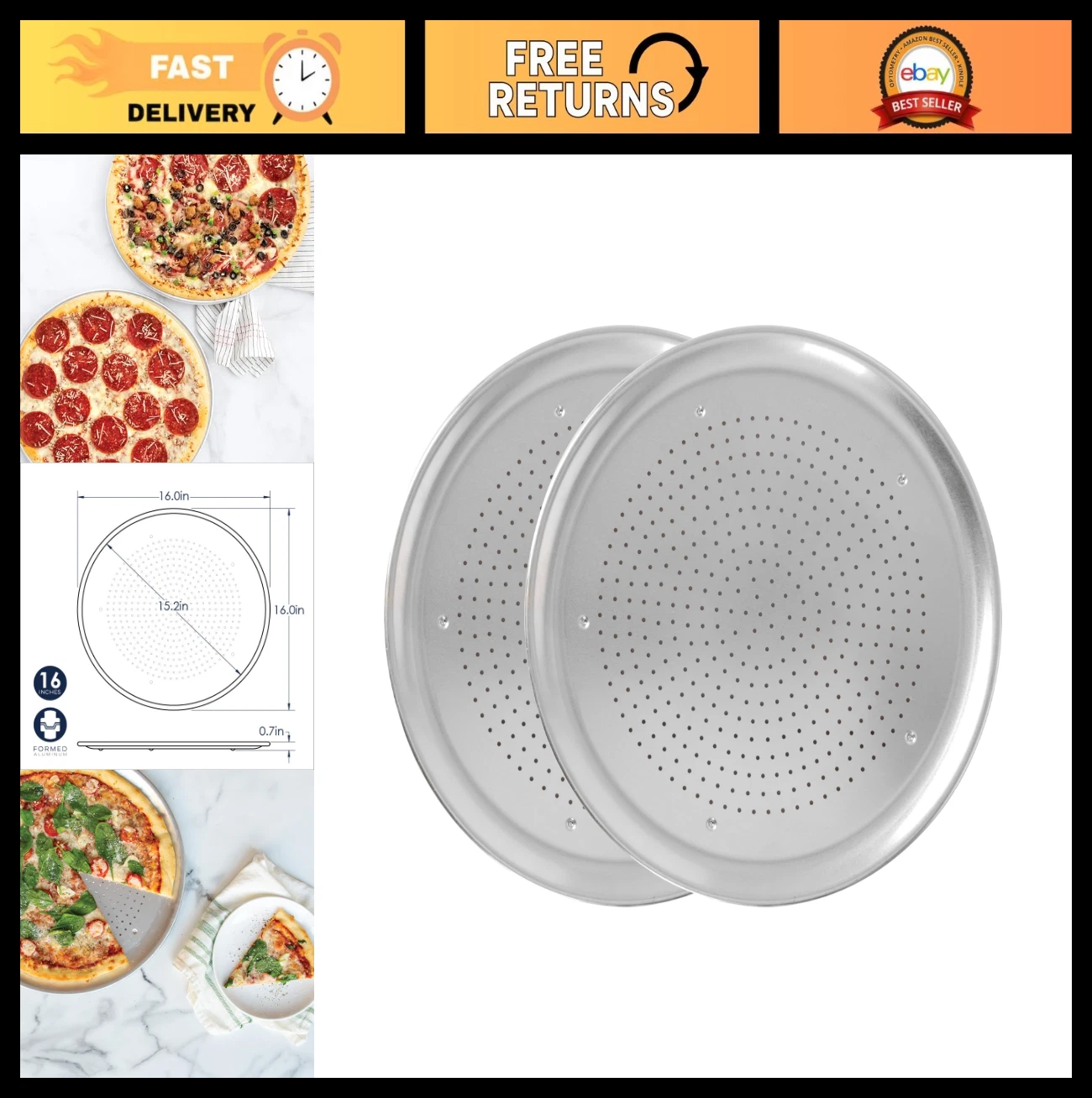16" Perforated Aluminum Pizza Pan Set of 2 - Air Crisp Cooking, Non-Stick, Durab