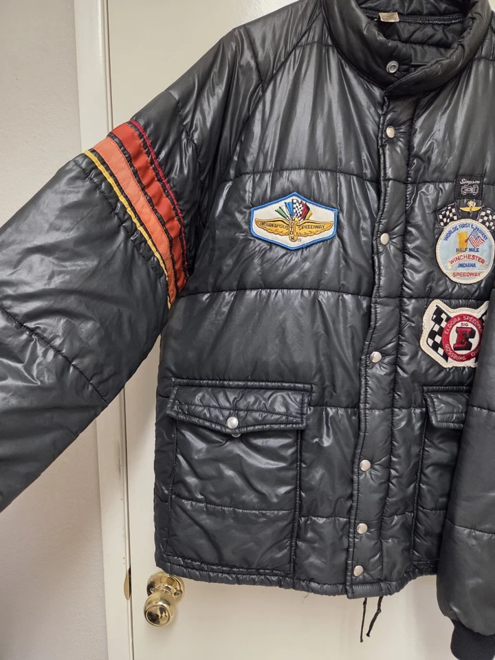 VTG 70s Black Simpson Racing Patches Puffer Embroidered Nance Speed Size XL - Image 2 of 4