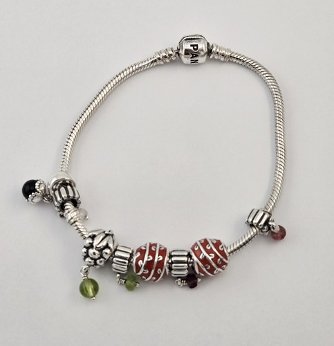 Vintage Pandora Sterling Silver Snake Bracelet with 8 Enamel Charms 8" - 36g