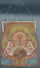 Antique Micro Beaded Sterling Silver Tapestry Handbag Purse Art Deco Flapper