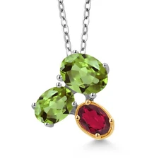 925 Silver and 10K Yellow Gold Peridot and Ruby Red Mystic Topaz Pendant