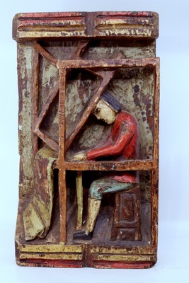 Antique European Wooden Polychrome Hand Carved Bas Relief Weaver Workshop Plaque