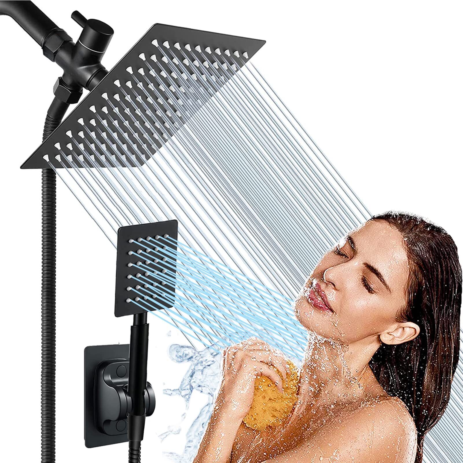 Black Shower Head and Handle Set All Metal, 8'' High Pressure Rain 2 in 1 Sho...