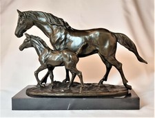 Scultura Bronzo Cavallo Con Puledri Madre Bambino Due Statua Horse