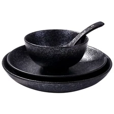 4 PCS Black Japanese Hand-painted Ceramic Dinnerware Set Plate Dish Bowl Spoon