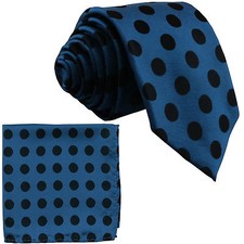 New Brand Q Men's Poly Skinny Necktie Hankie Sapphire Blue Black Dots formal