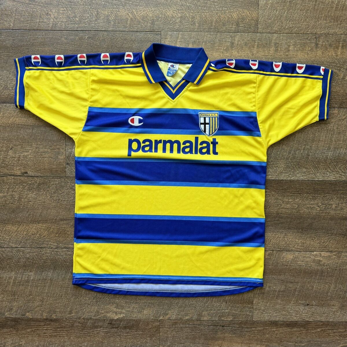 VTG Mens XL Champion Parmalat A.C. Nakata #10 Striped Home VTG Mens XL Champion Parmalat A.C. Nakata #10 Striped Home