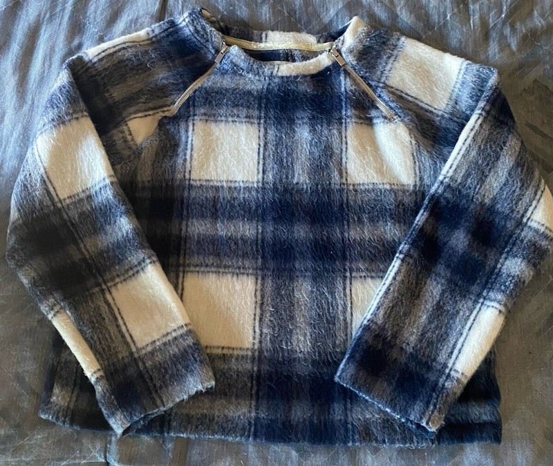 Womens L ABERCROMBIE & FITCH Blue/White Plaid Soft Shirt w/Silver Zipper Accents