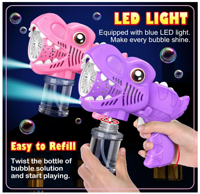 Juguetes para niñas niños edades 3-8: pistola de burbujas para niños 2 burbujas Dino recargables Foto 3 de 4
