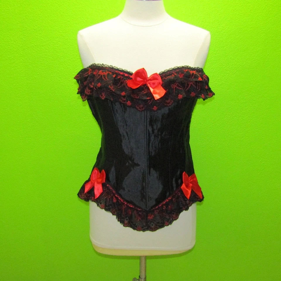 Corsé 2XL Sobrebusto Deshuesado Con Cordones Espalda Mancha Negra Encaje Rojo Lazo Bustier Tirantes Foto 3 de 4