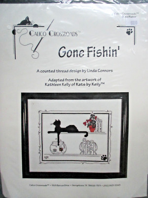 NEW Sealed Calico Crossroads Gone Fishin Cross Stitch Kit - Black Cat