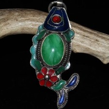 Collectible old copper cloisonne carved flower inlay green jade fish pendant