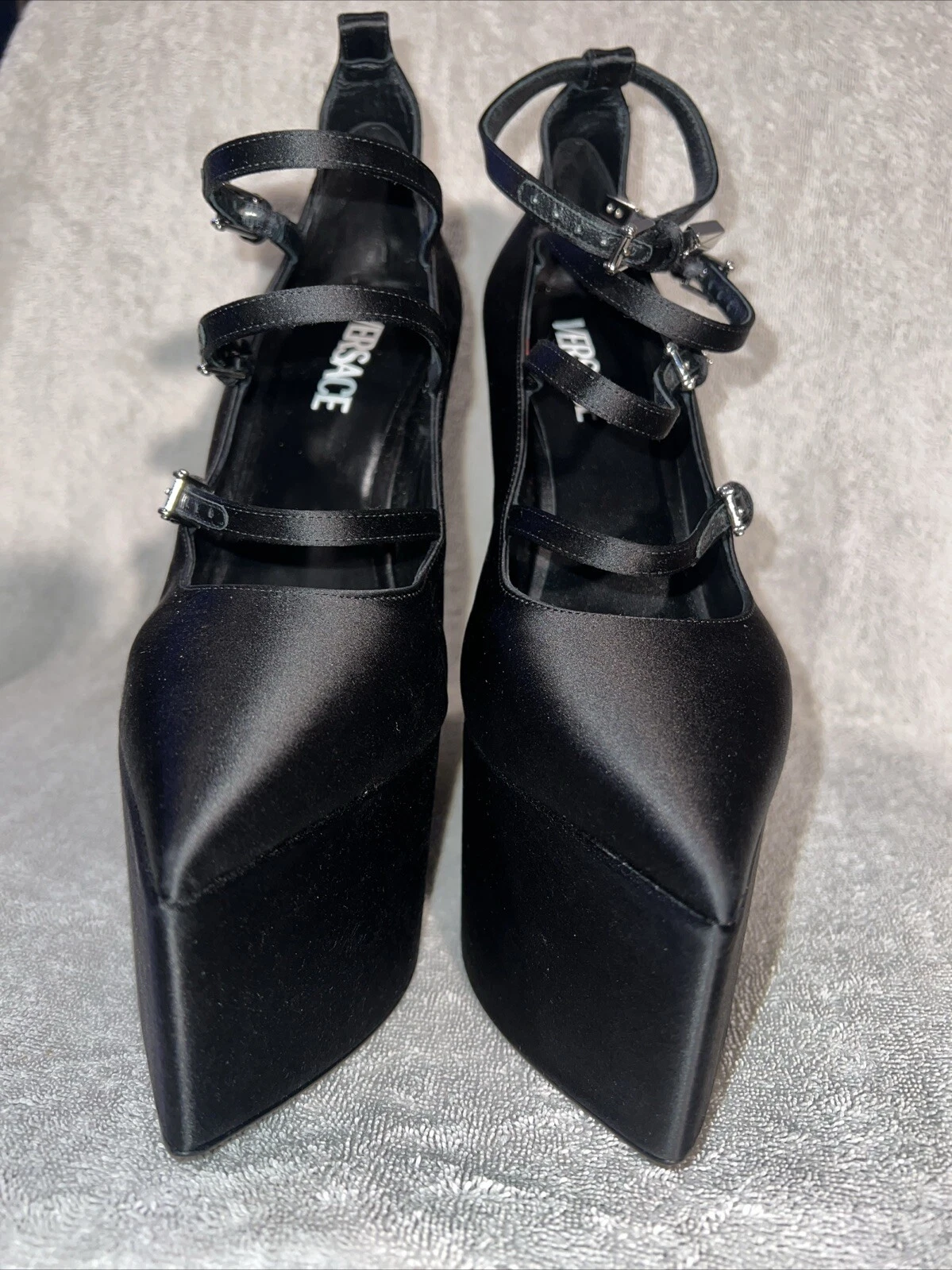 NUOVE scarpe décolleté con plateau Versace Tempest nere a punta raso taglia 39 5 US 9 5