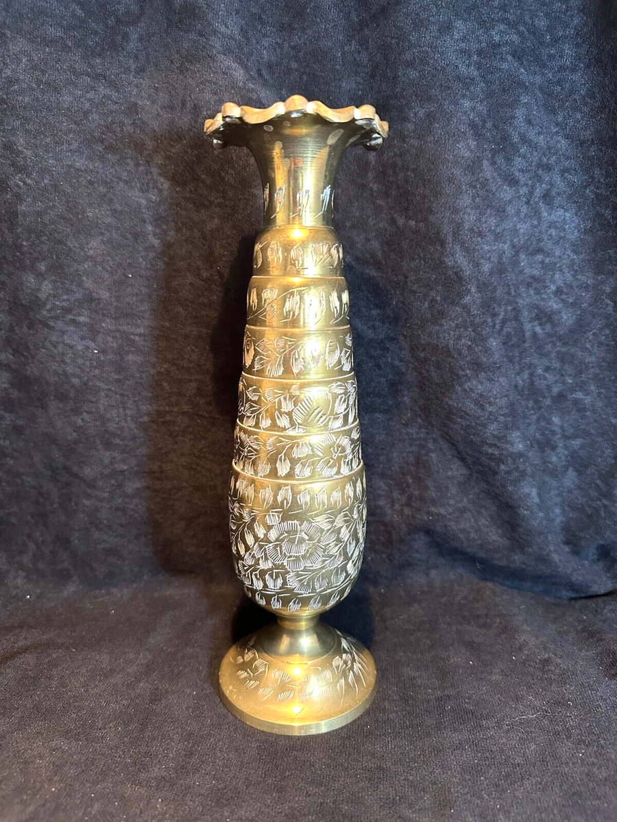 Vintage Brass Floral Etched Vase 10