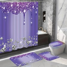 4Pcs Sparkling Diamond Shower Curtain Set Purple Shiny Bathroom Trim Carpet