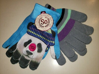 2 pair WOMENS NEW NWT GLOVES panda with hat STRIPED GRAY one size fits most CUTE