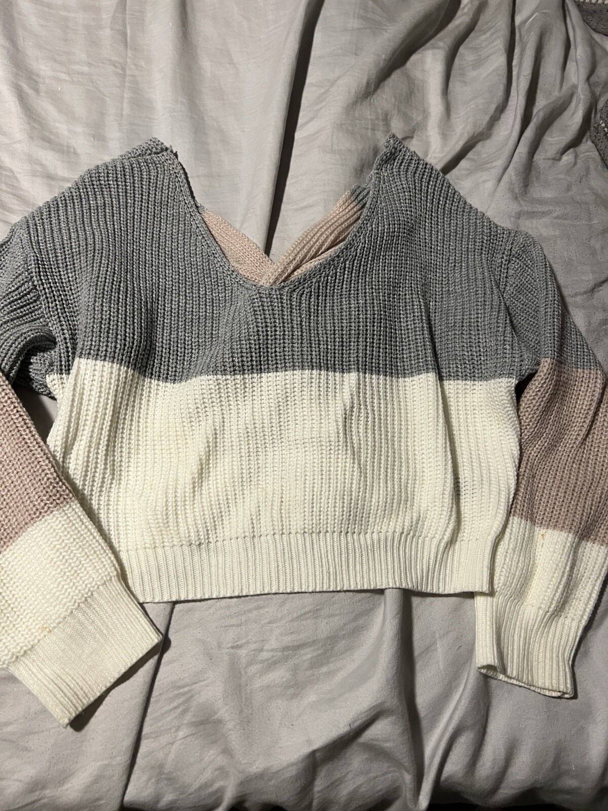 SHEIN Soft And Comfy Grey, White, And Pink Sweater With Open Back Size Large