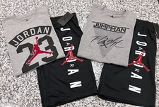 NWT NIKE AIR JORDAN BOYS 2 PC SET GRAY SHORT SLEEVE BLACK SHORTS L 12/3 XL 13/5