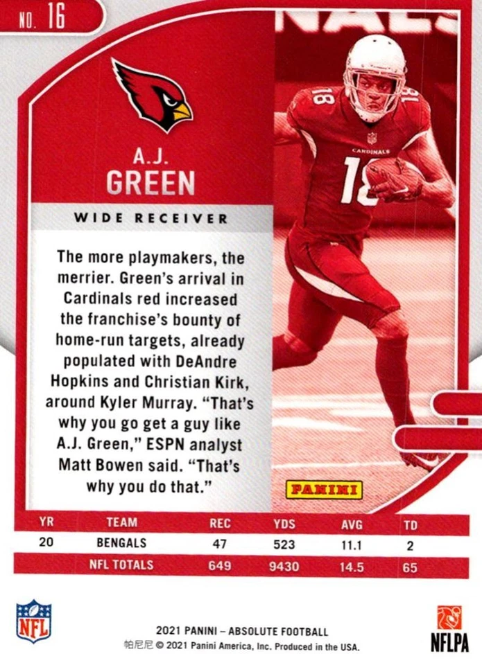 2021 Panini Absolute Red A.J. Green Arizona Cardinals #16 - Image 2 of 2