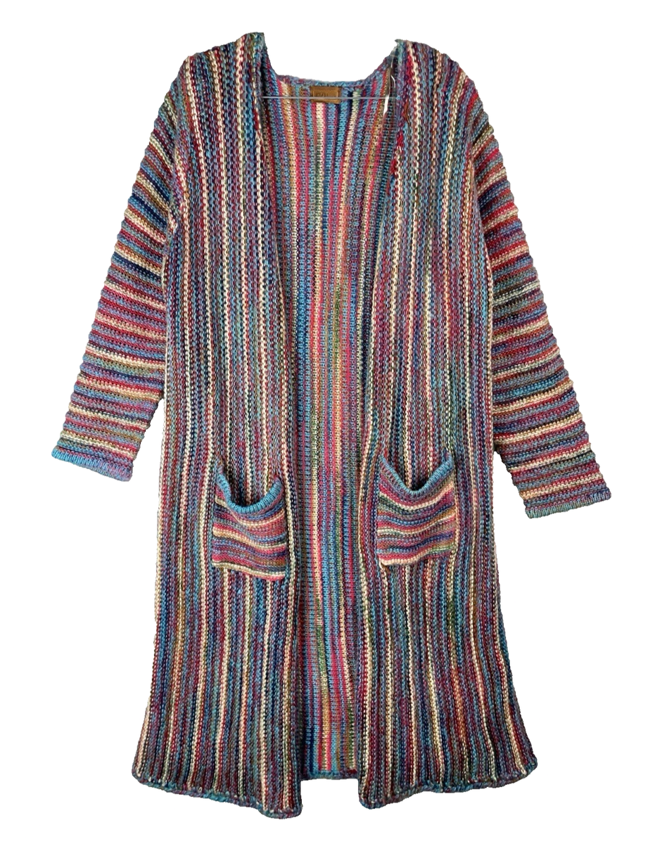 POL Women M Cardigan Chunky Knit Rainbow Stripe Duster Longline