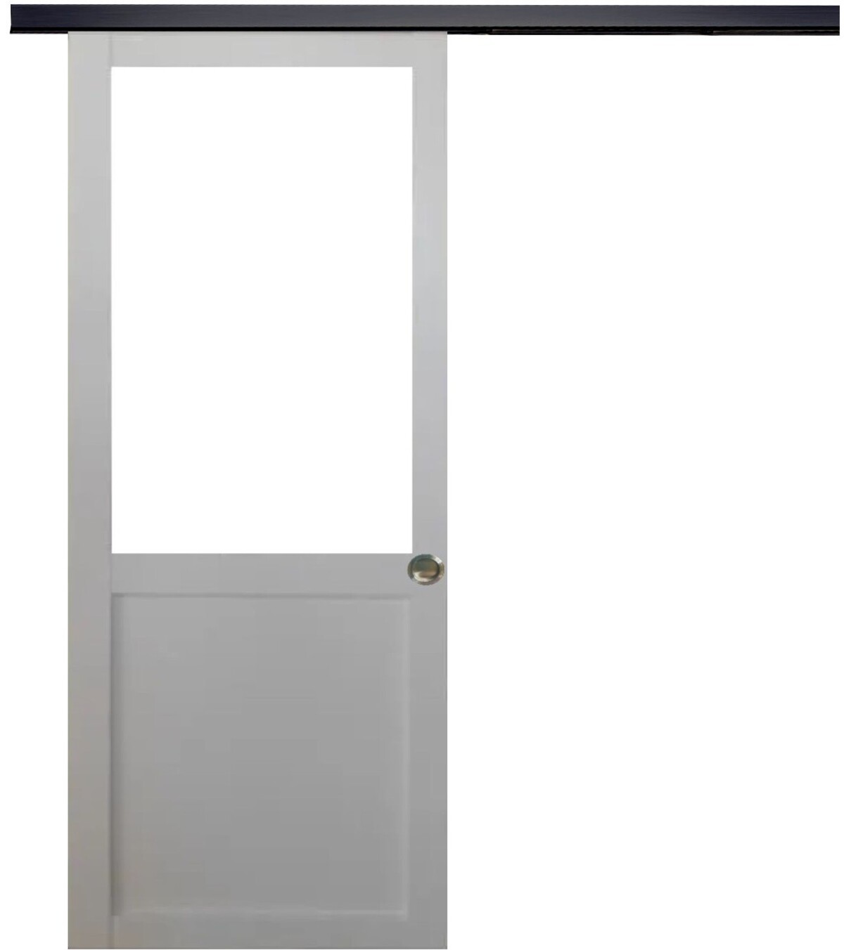 Porte coulissante atelier blanche H204 L93 verre trempé et rail alu noir