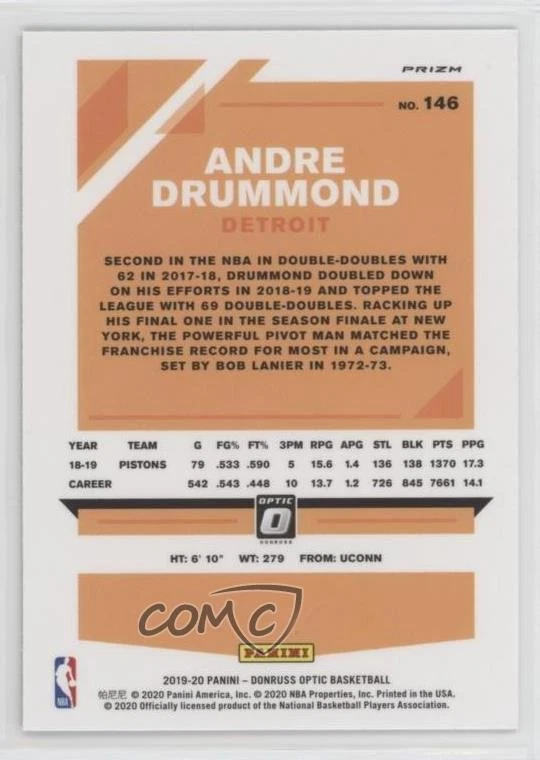 2019-20 Panini Donruss Optic Tmall Gold Wave Prizm Andre Drummond #146 - Image 2 of 2