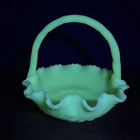 Vintage 7” Fenton Uranium Custard Satin Glass Yellow Handled Basket Berry Bowl