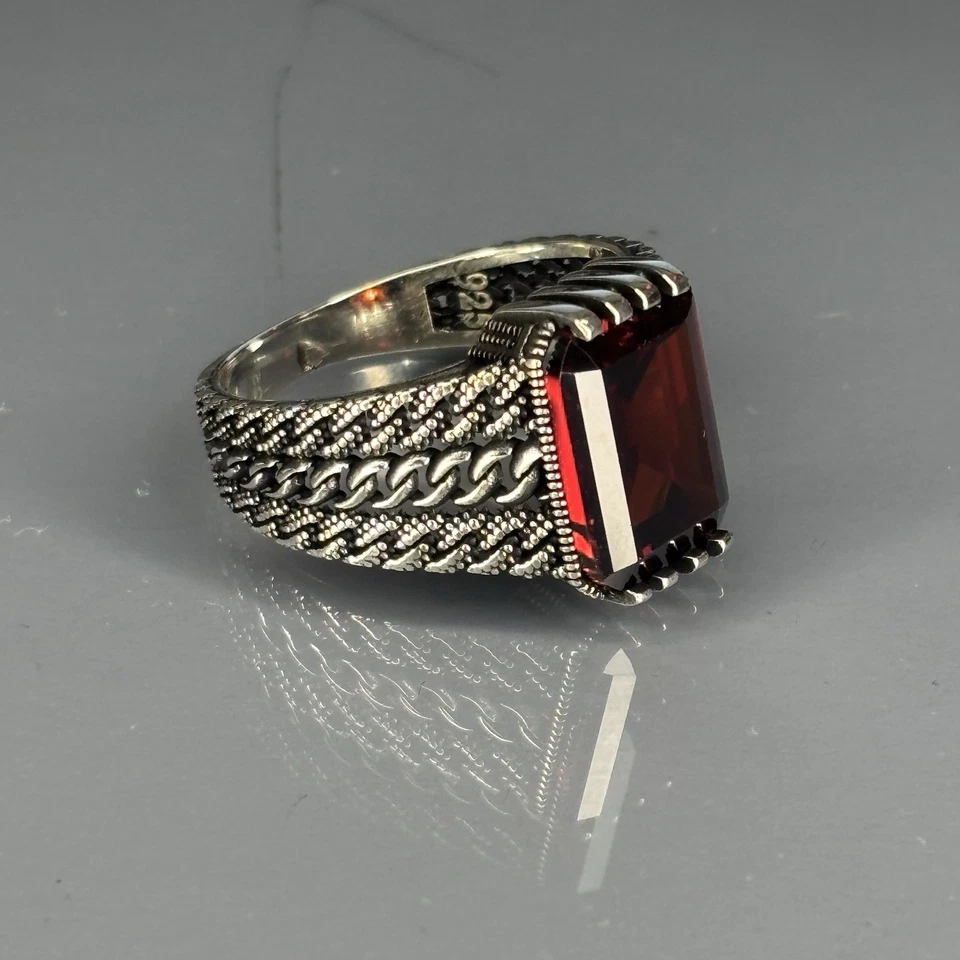 Handmade 925 Sterling Silver Ruby Men's Ring - Chain Turkish Design,Red Stone - Image 2 of 4