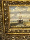 Oil painting depicting coastal scene w/sail boats in ornate gilt frame 15” x 13” — photo 7