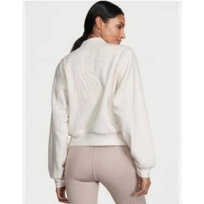 Victoria's Secret VS Cream Snap Bomber Logo Jacket Small Minimalist Comfy Lounge